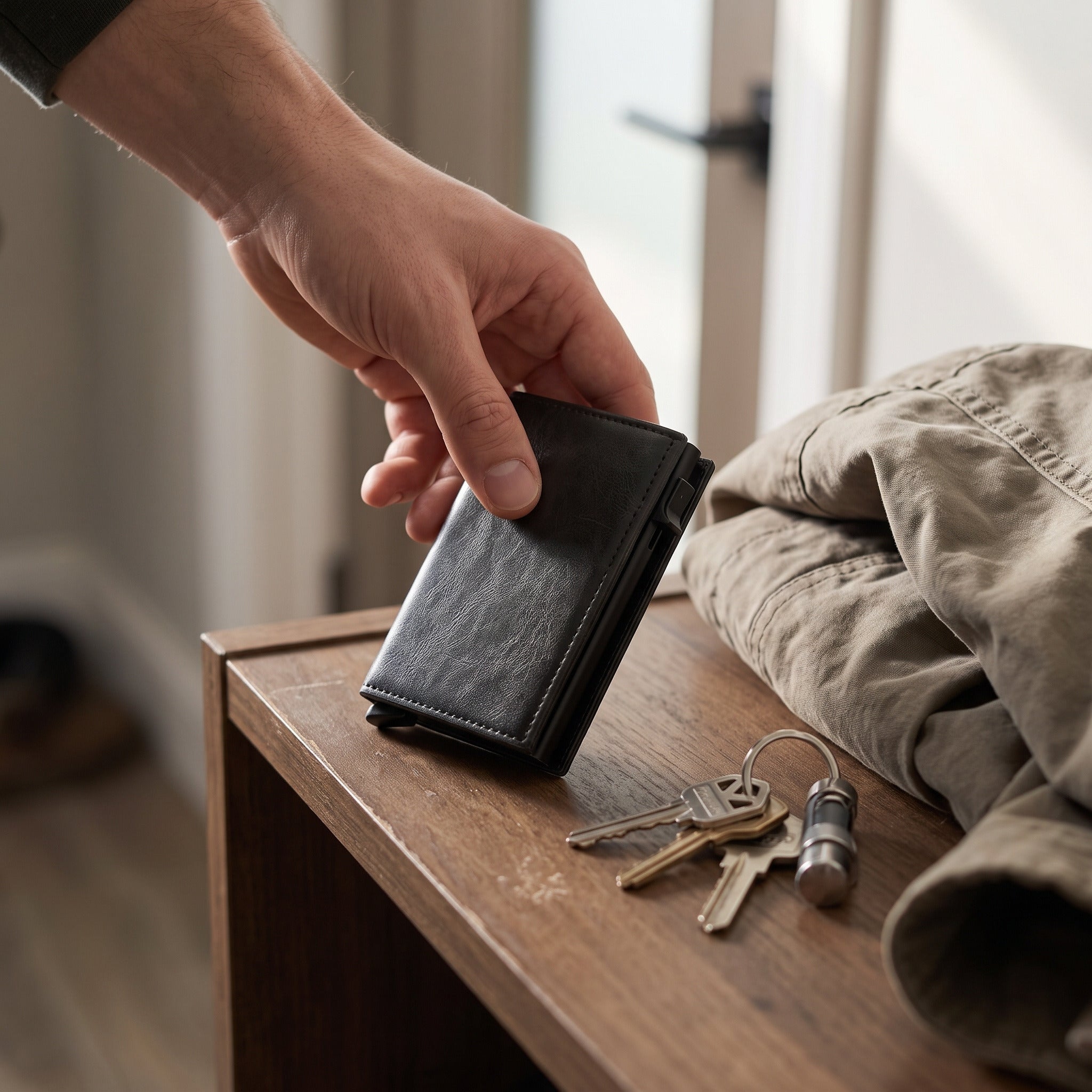 Black Pocket Ease wallet beside keys at home