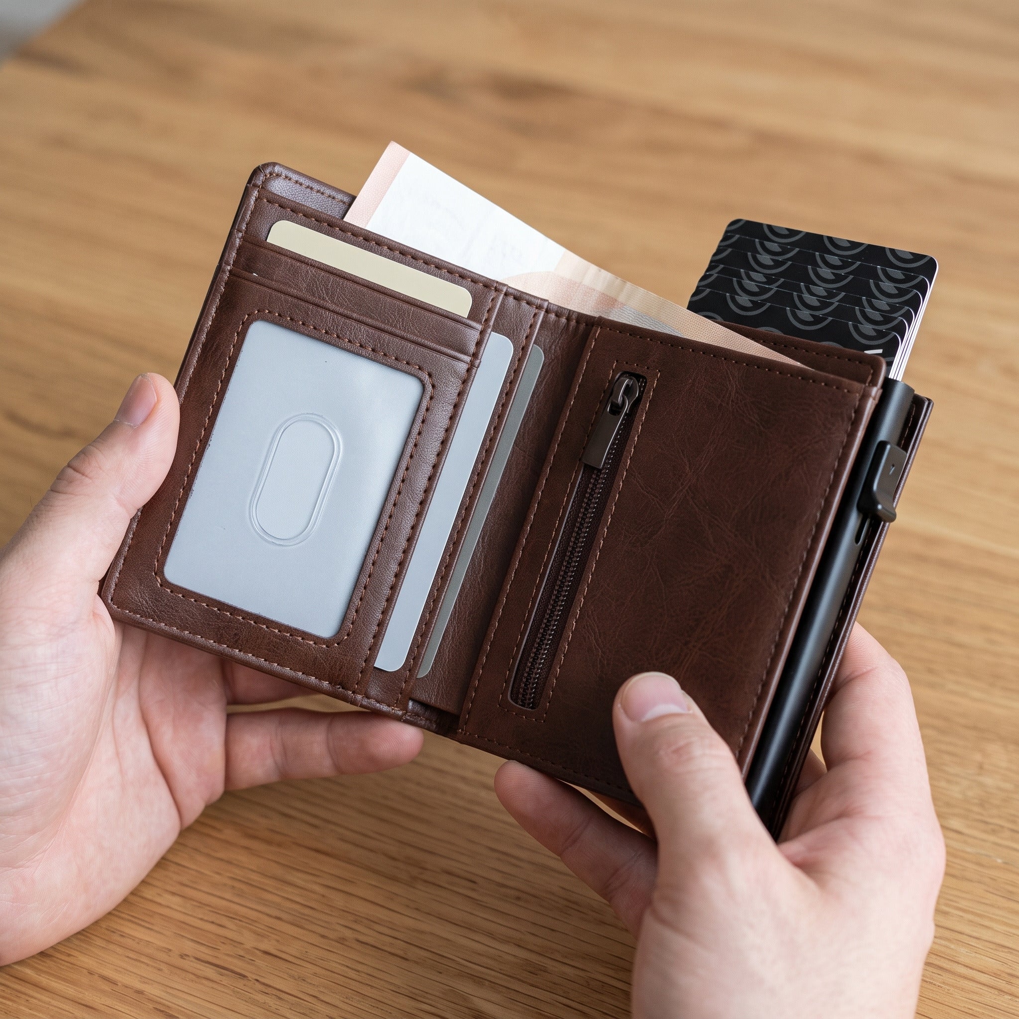 Open Pocket Ease wallet showing its banknote section and ID window