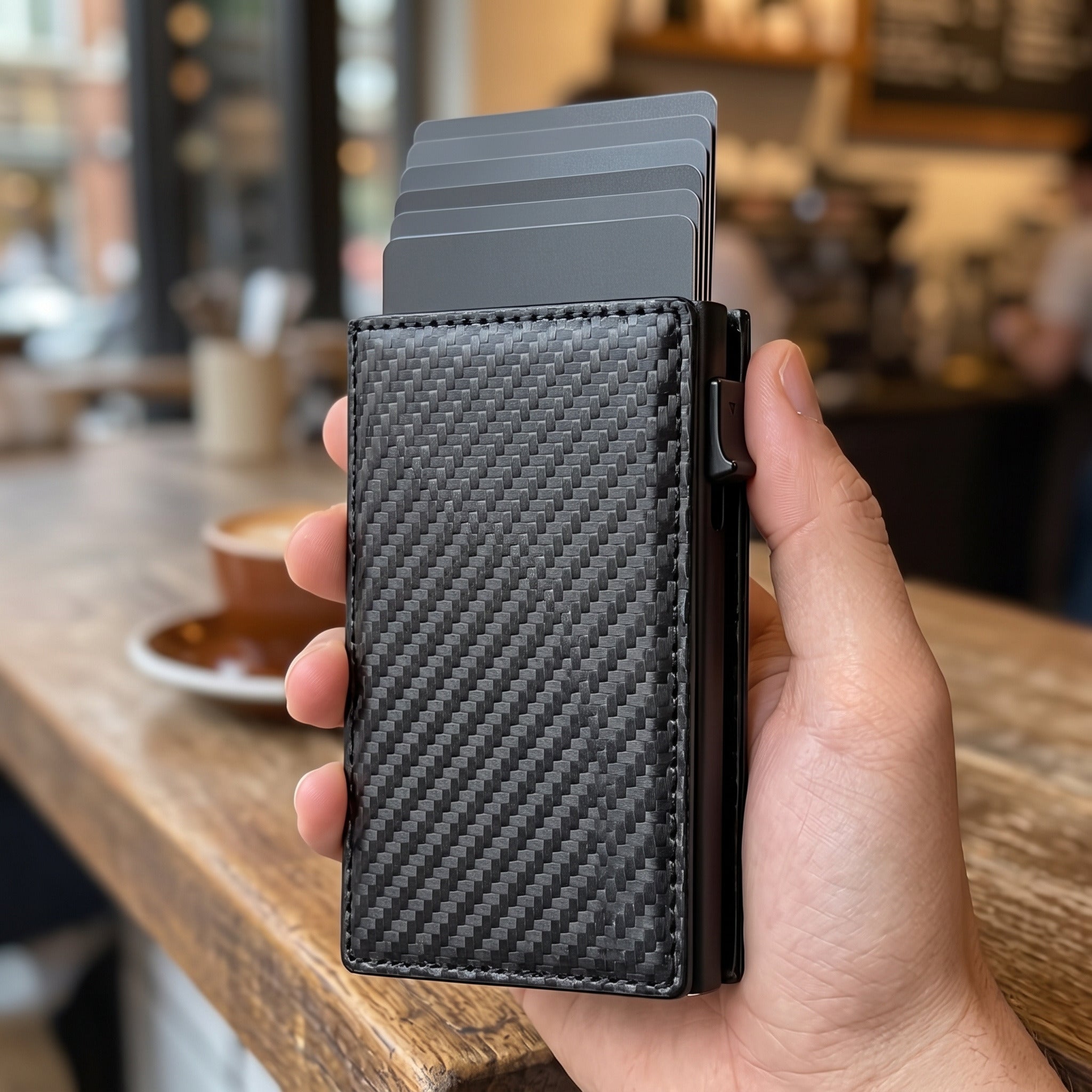 Carbon-pattern wallet with raised cards