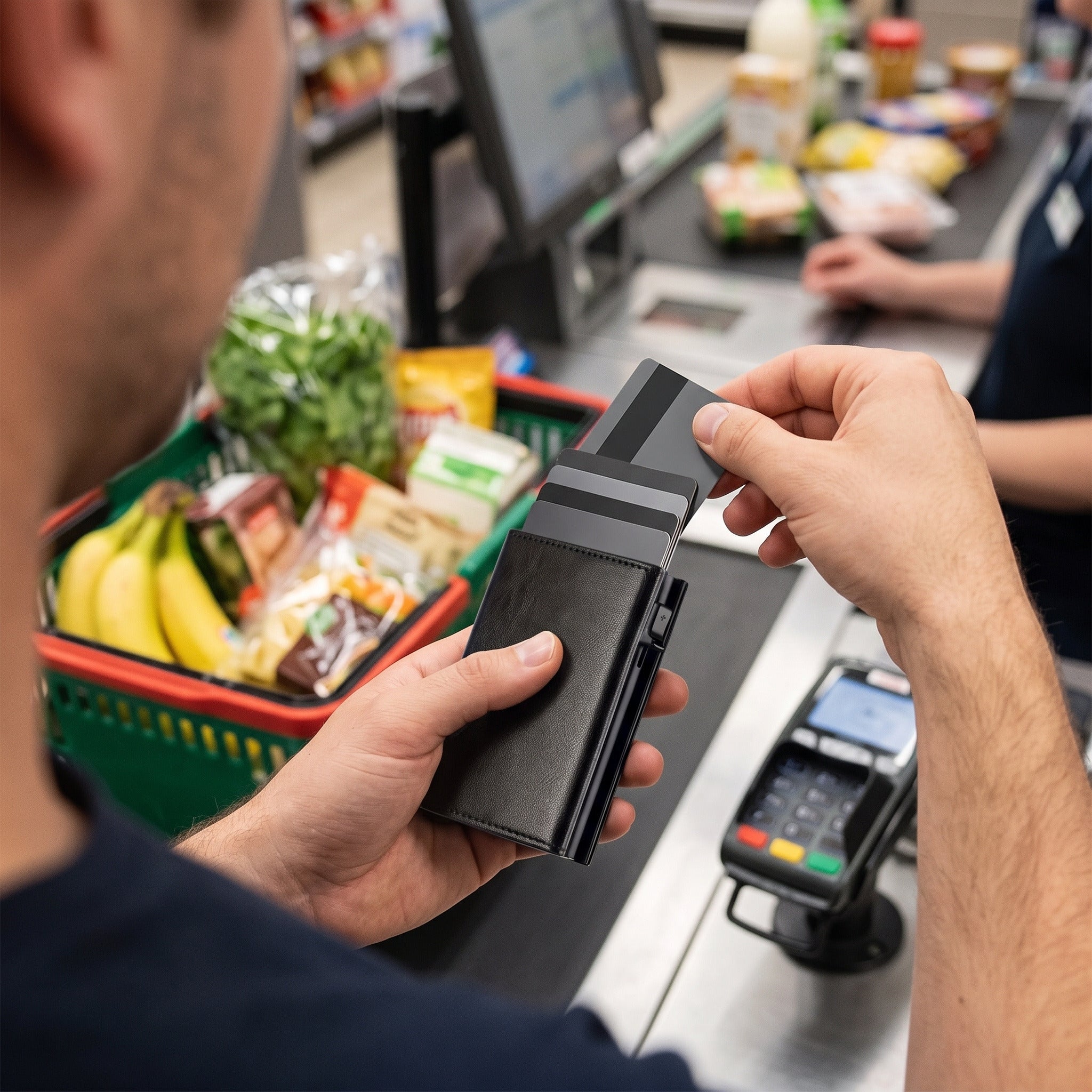 Black wallet card selected at grocery checkout