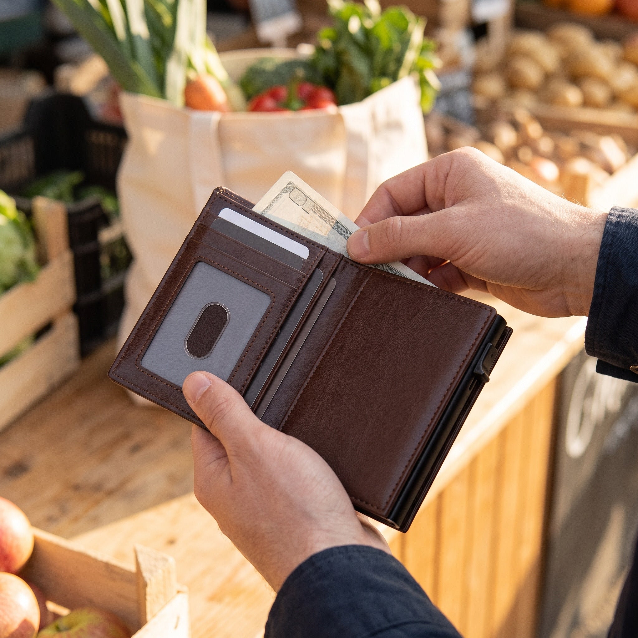Brown wallet with banknotes at a market