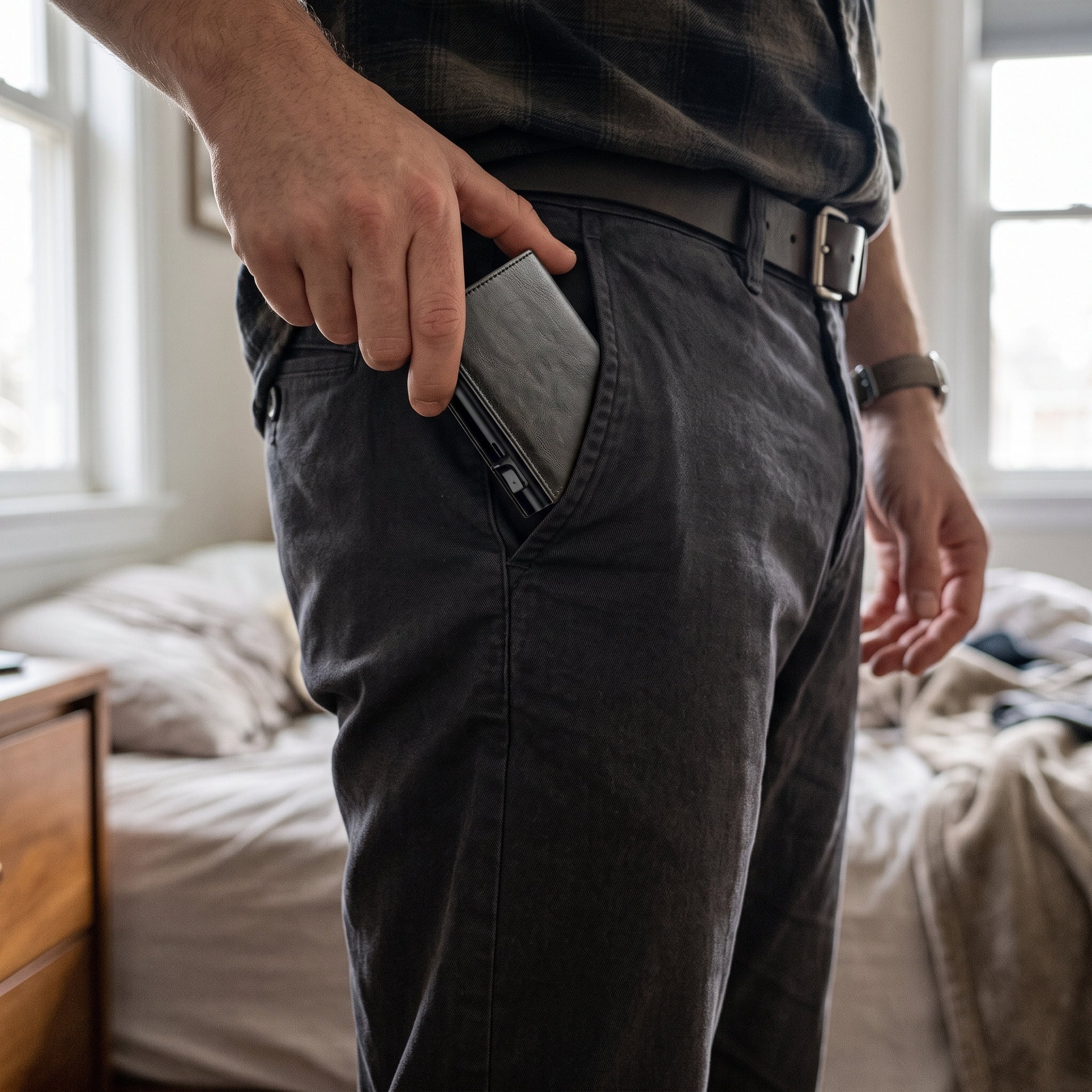 Black wallet in a front trouser pocket