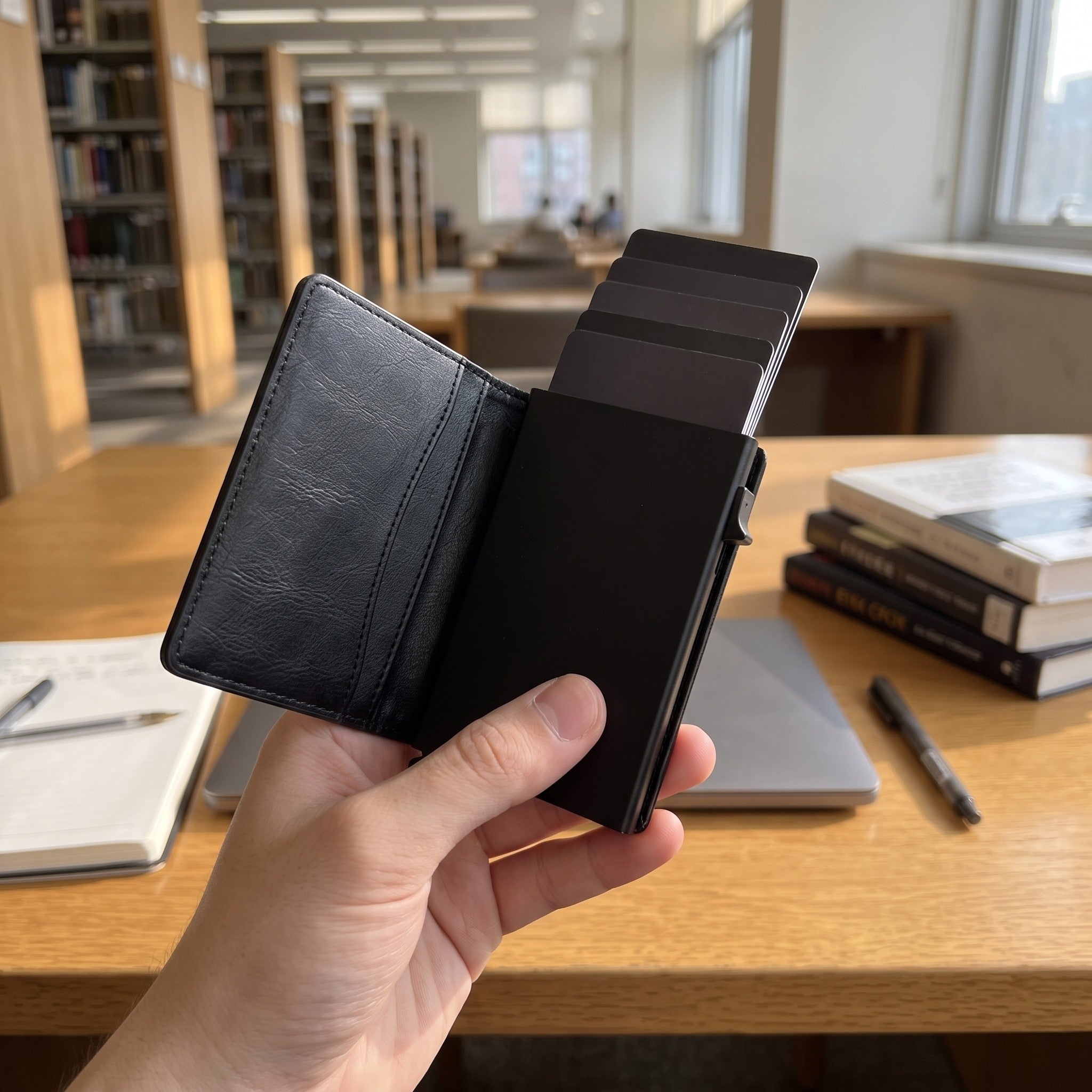 Black wallet and raised cards at a desk