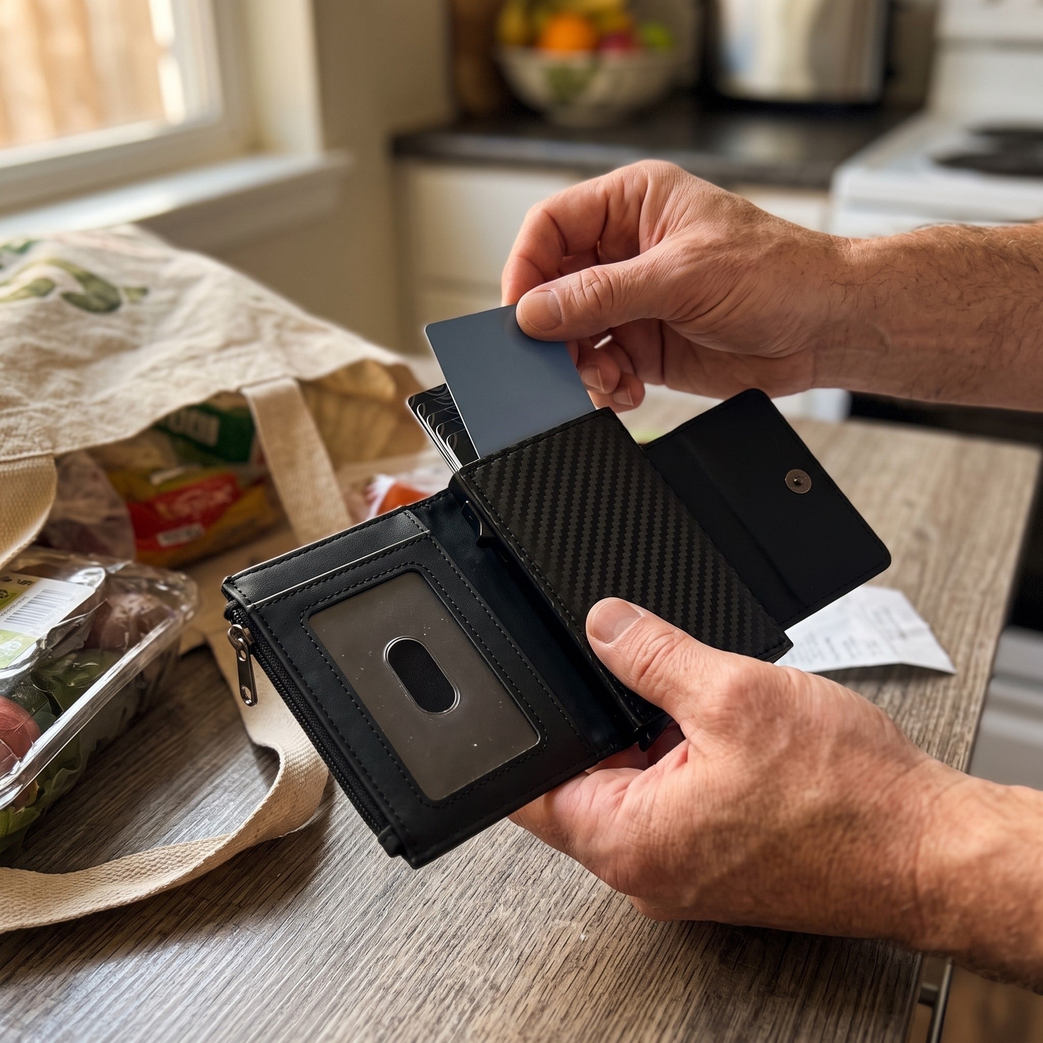 Card selected from carbon wallet at grocery checkout
