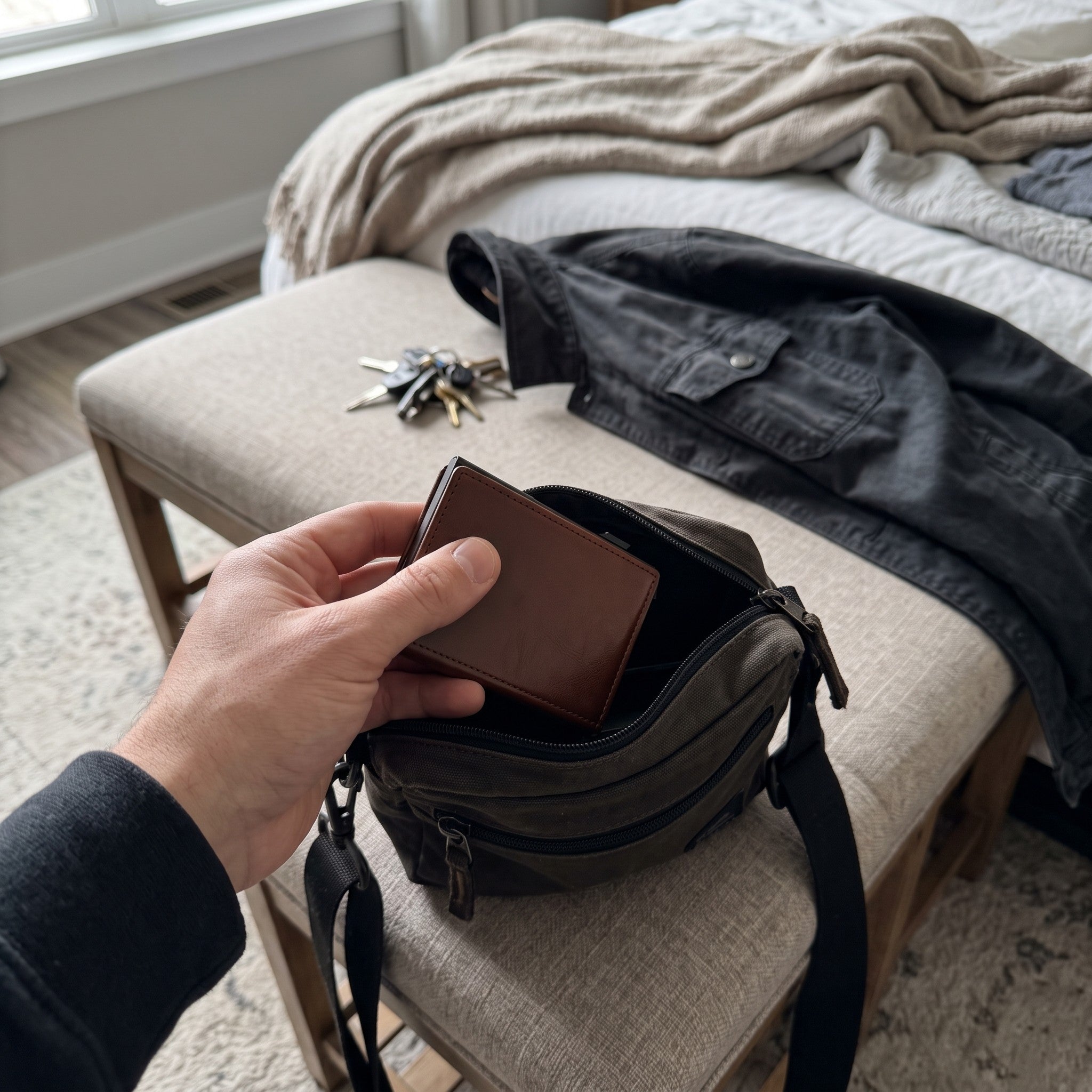 Brown wallet packed into a bag in a bedroom