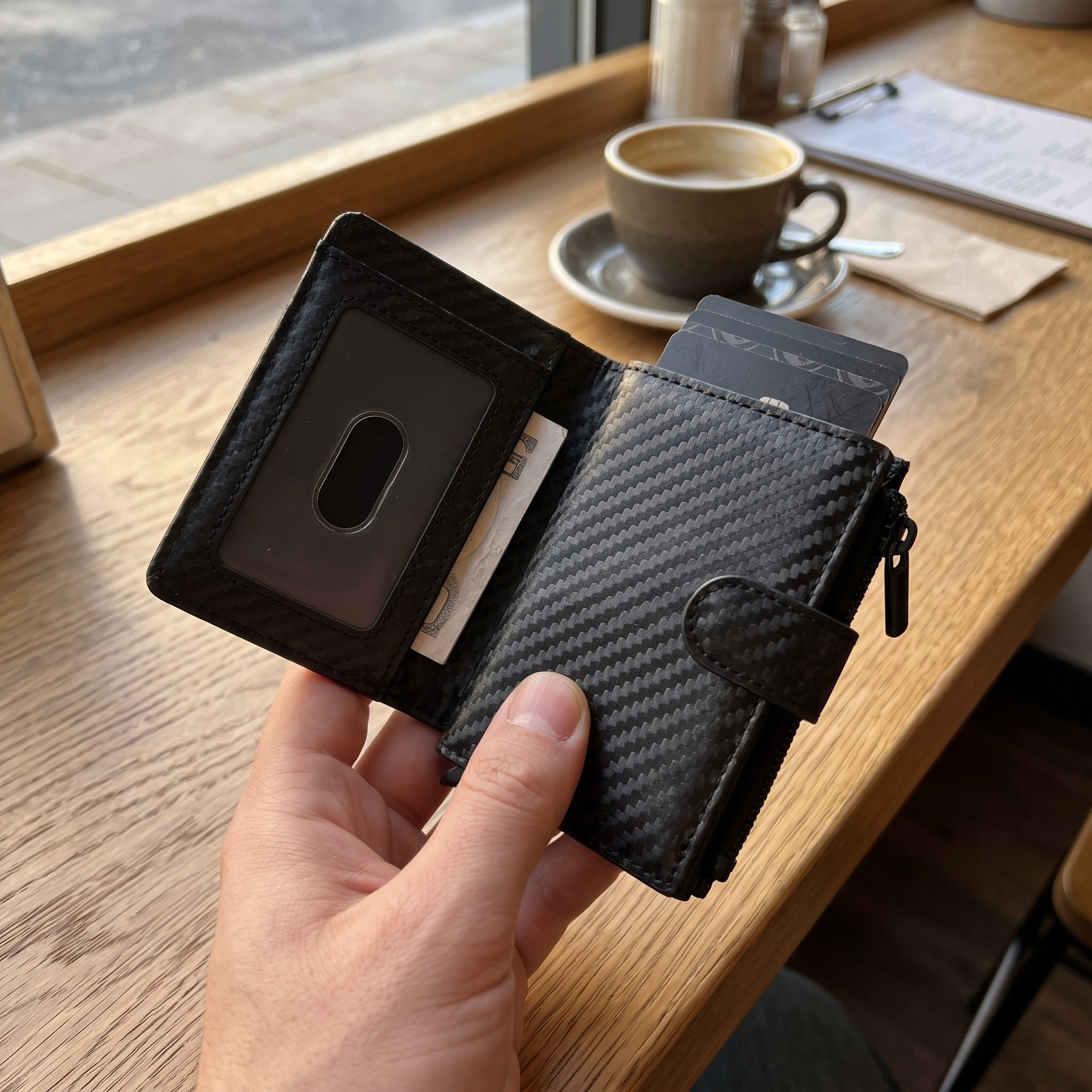 Open carbon-pattern wallet at a cafe