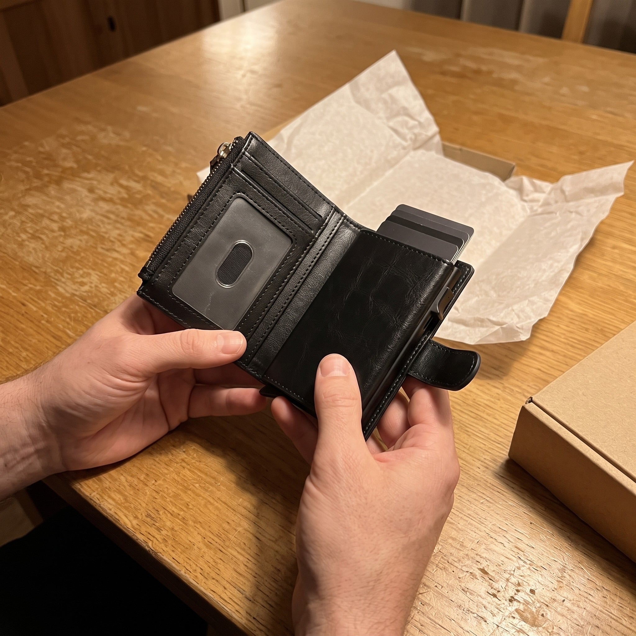 Black wallet unpacked for first use