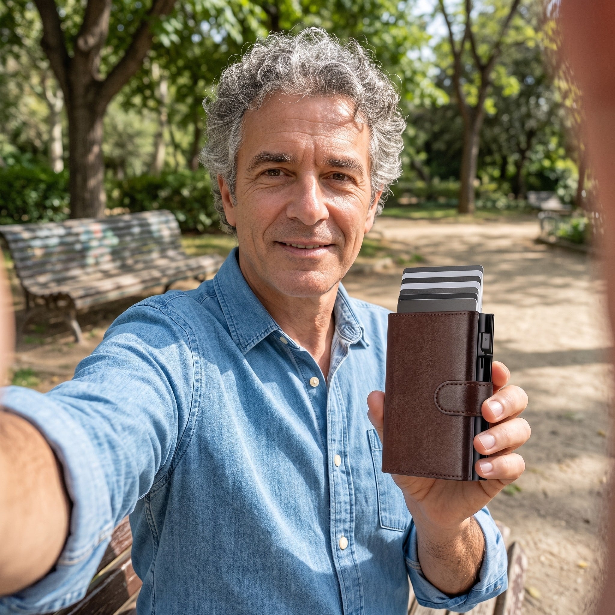 Older man holding black wallet in a garden selfie