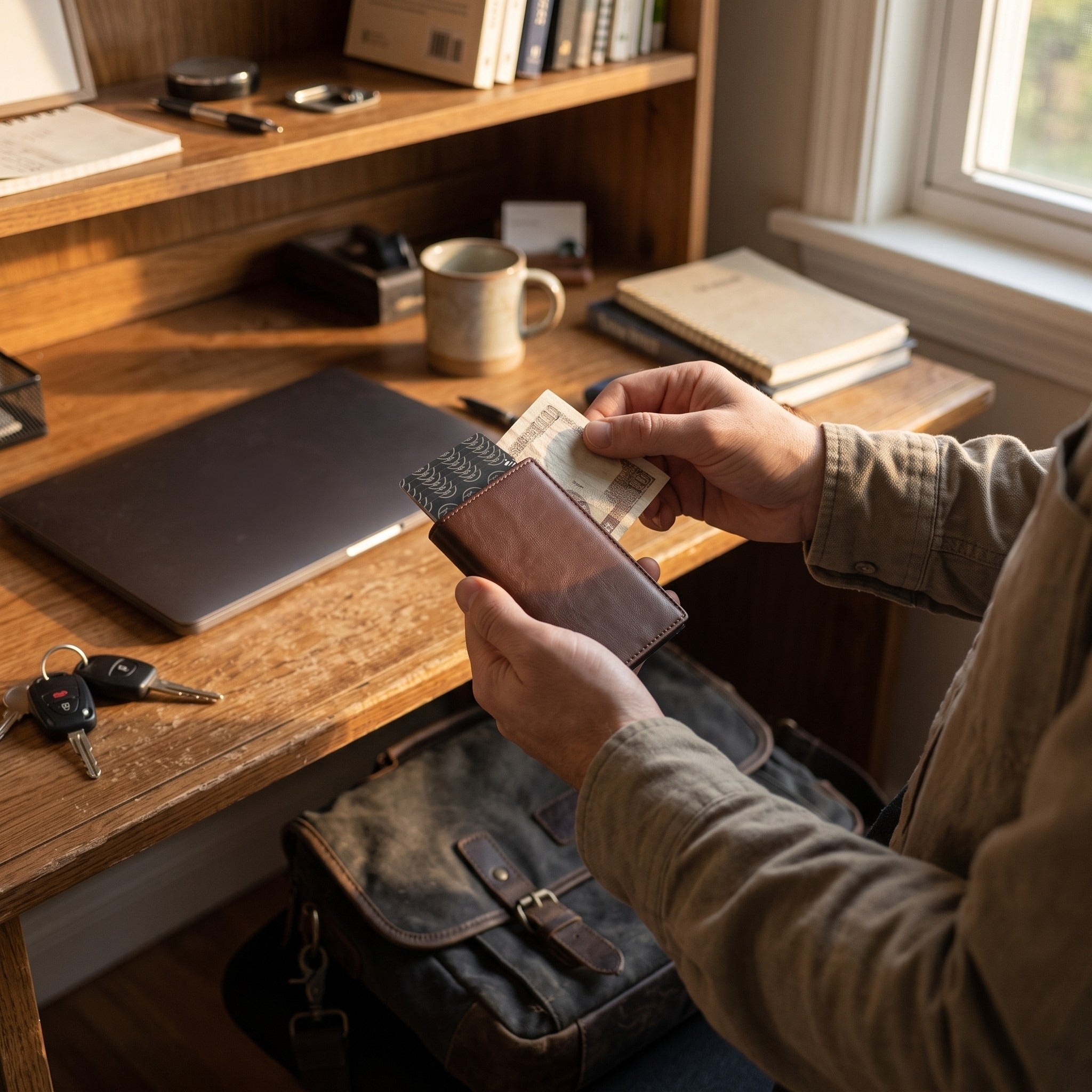 Brown wallet handled at a cafe table