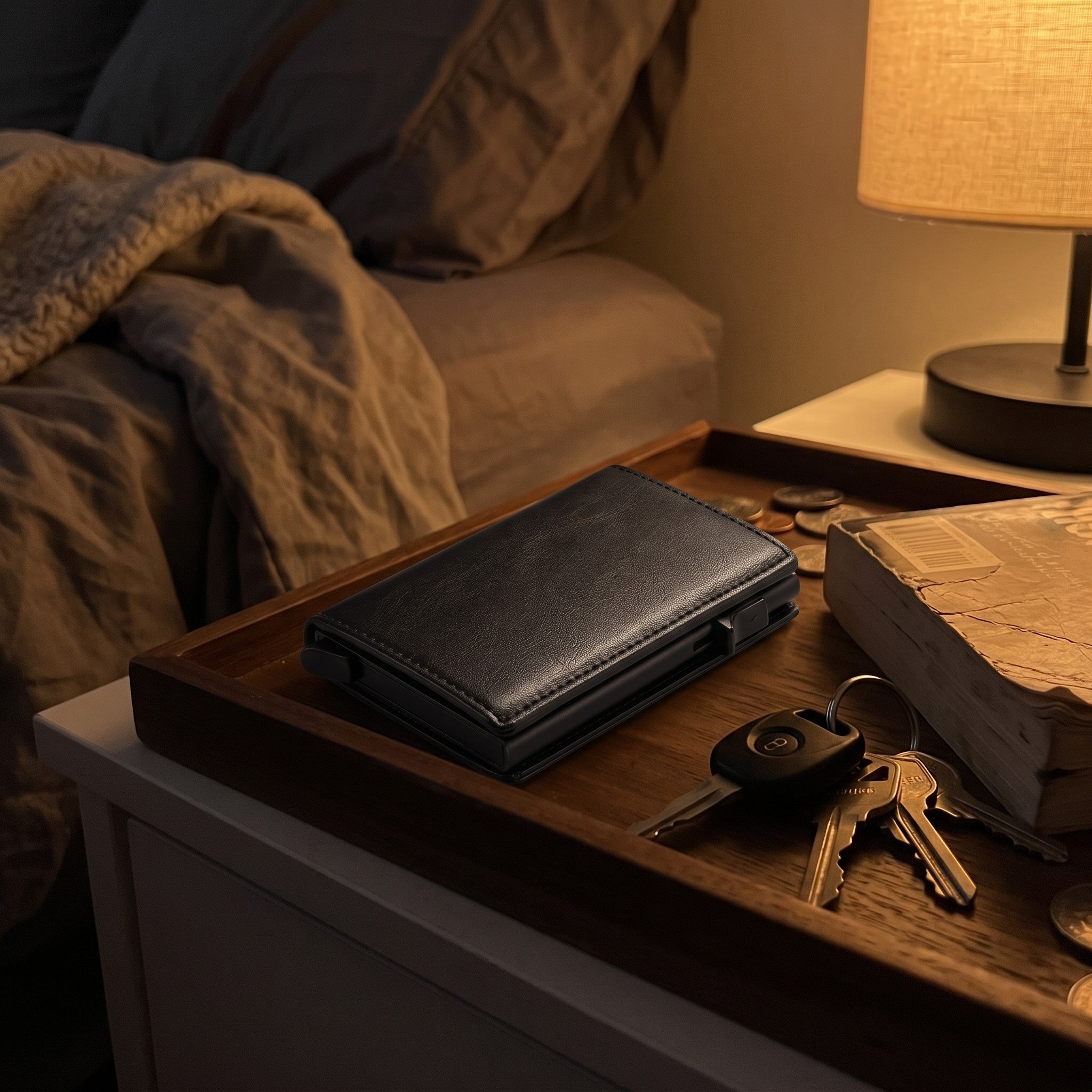 Closed black wallet on a bedside table at night