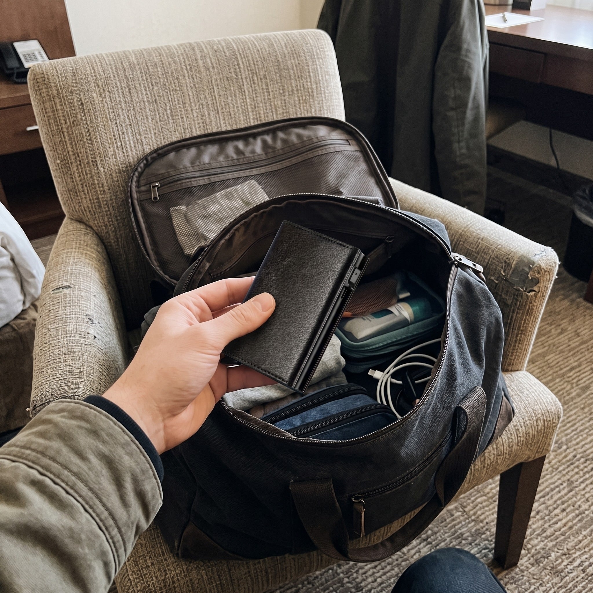 Carbon-pattern wallet packed into a bag by an armchair