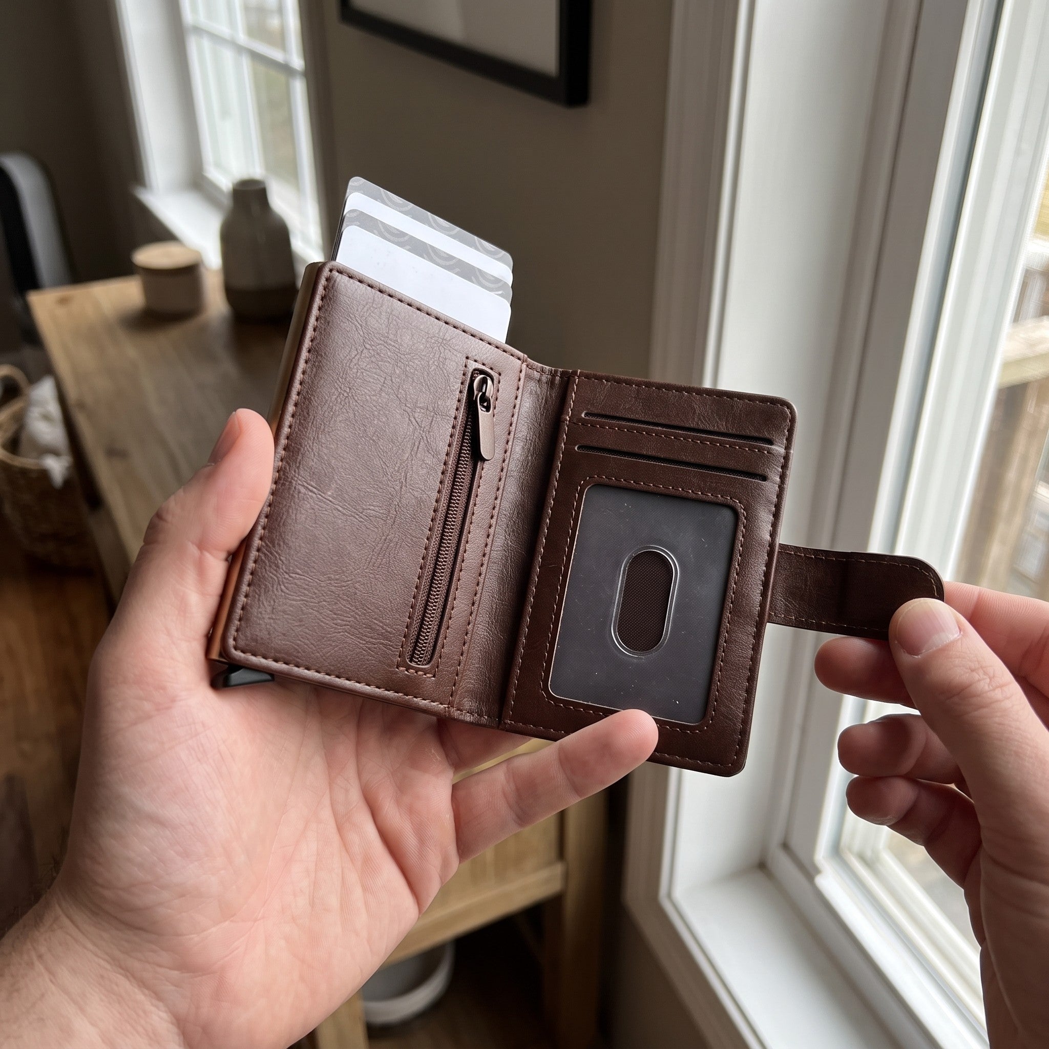 ID retrieved from brown wallet by an entryway