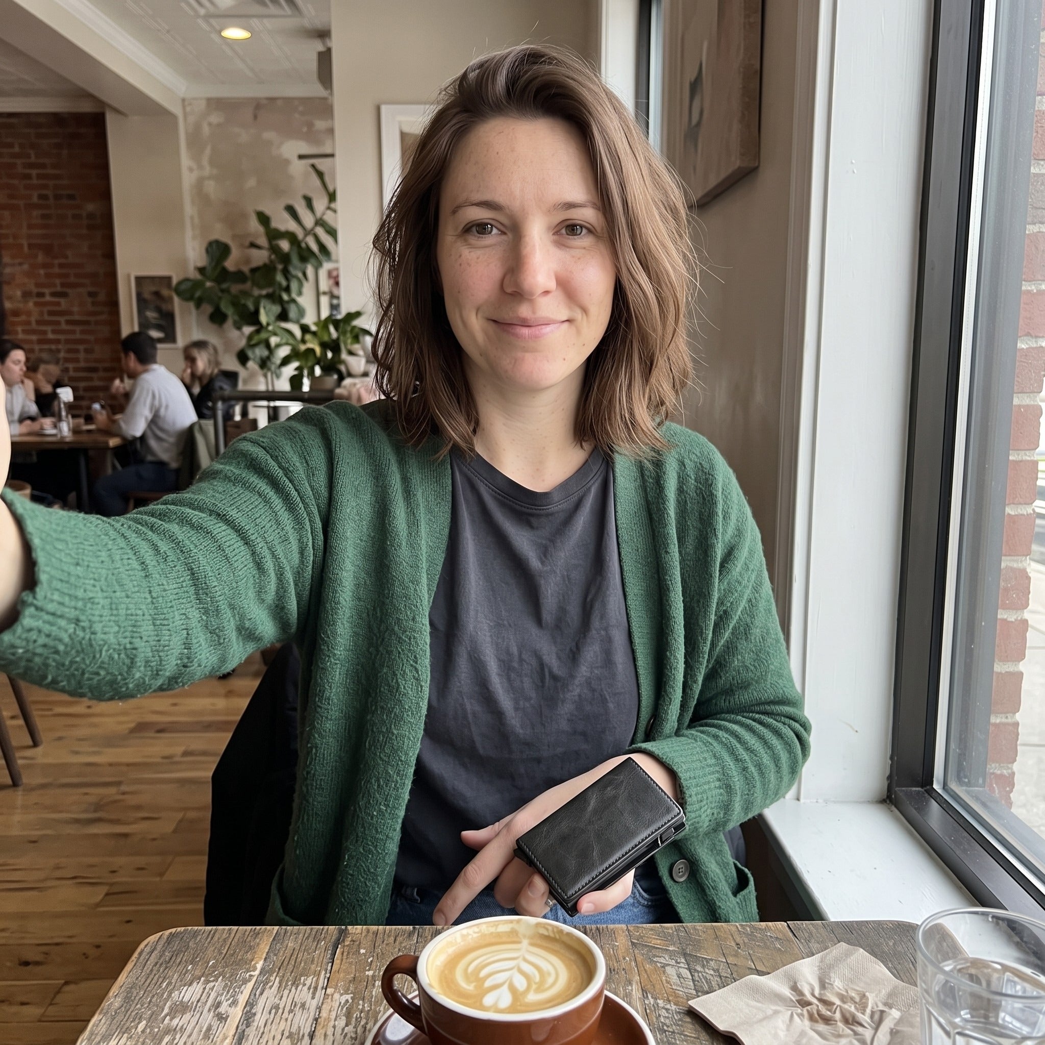 Emma with a black wallet at a cafe