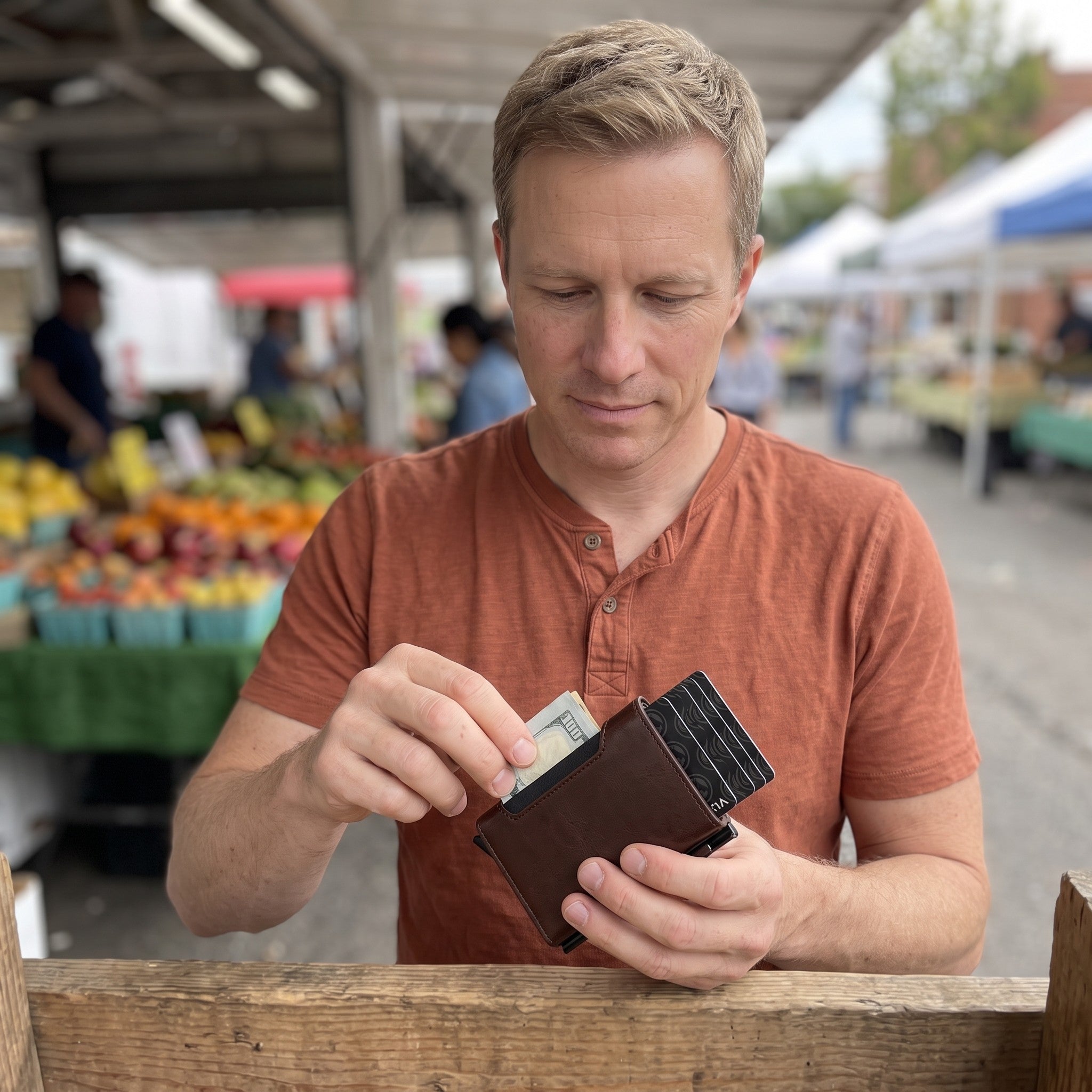 Alex handling banknotes in his brown wallet at a market