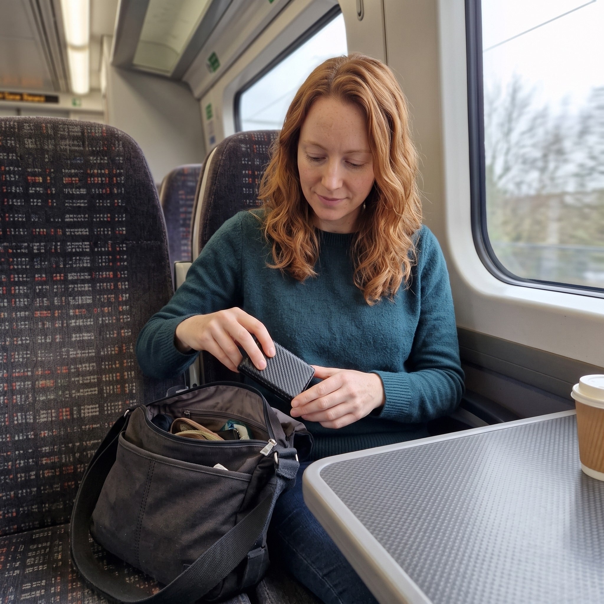Chloe packing her carbon-pattern wallet on a train
